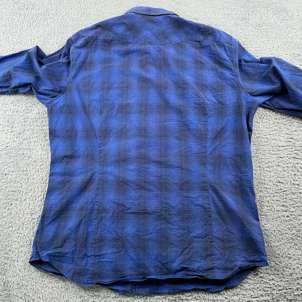 Banana Republic Shirt Mens Large Blue Pearl Snap Plaid Slim Fit Western